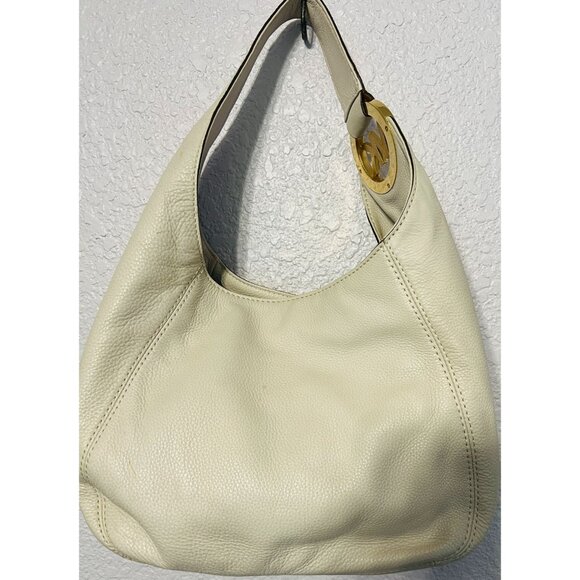 Vtg Michael Kors Cream Pebbled Leather Hobo Bag Large Gold-tone MK Logo READ - Picture 1 of 10